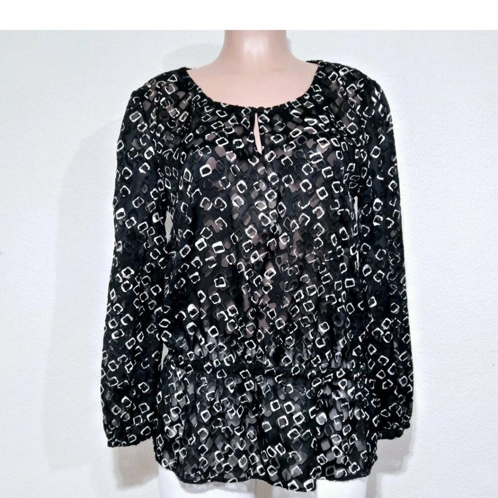 Chico's Sheer Blouse Black White Geometric Peplum